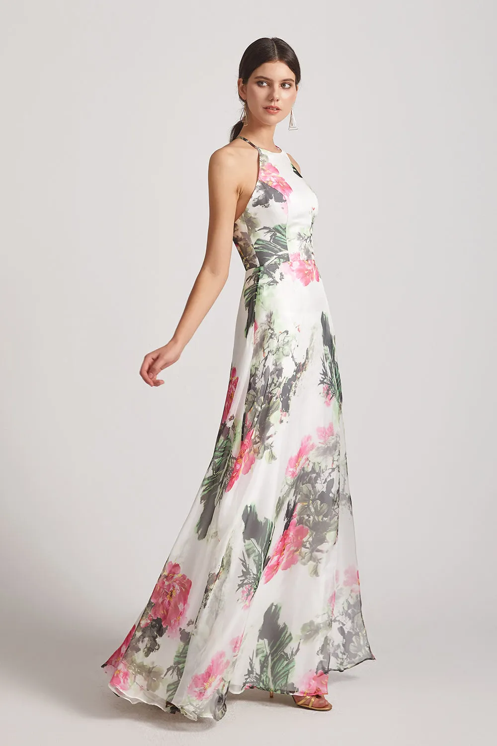 Floral Print Chiffon Halter Bridesmaid Dresses Ink Wash Painting (AF0130)