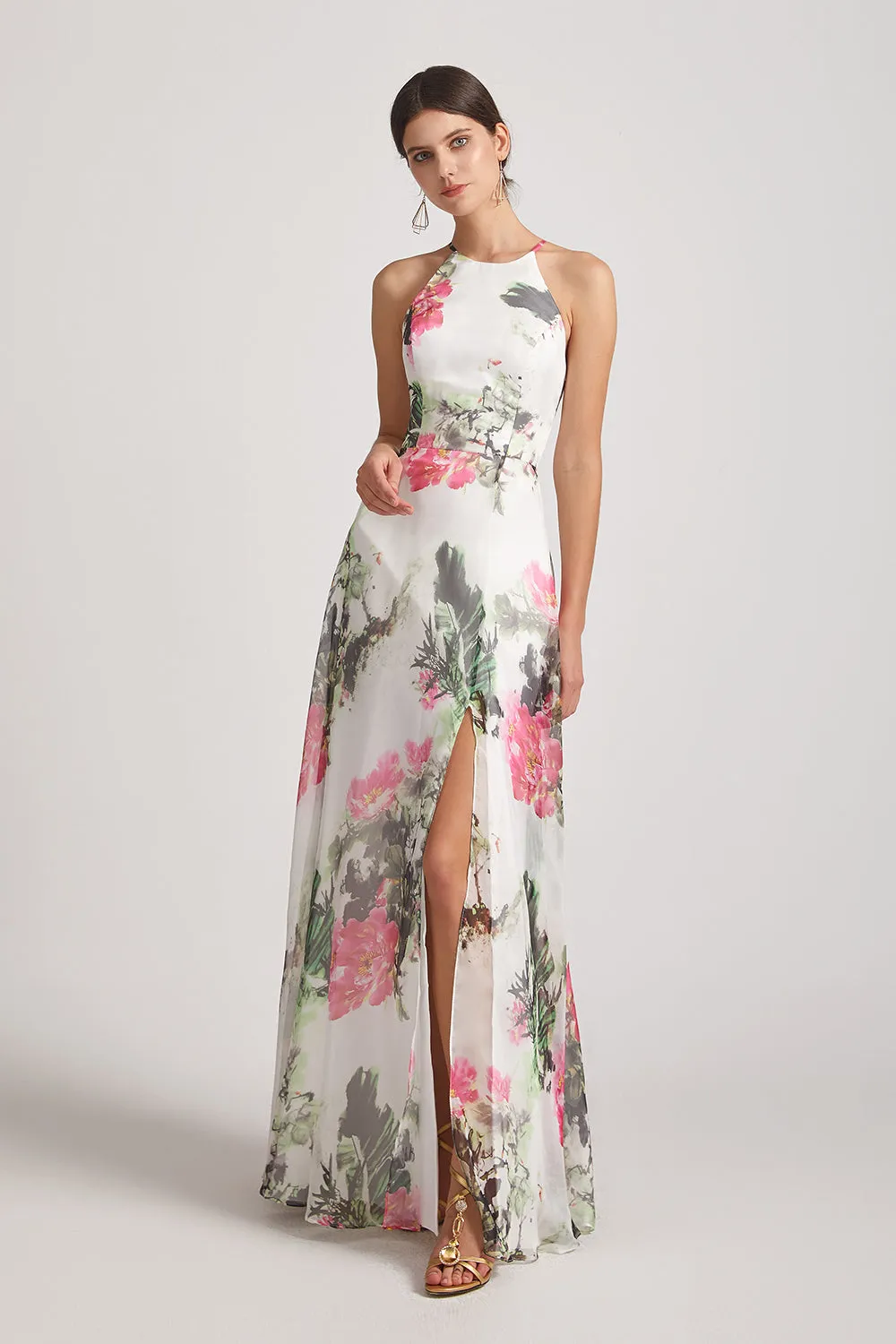 Floral Print Chiffon Halter Bridesmaid Dresses Ink Wash Painting (AF0130)