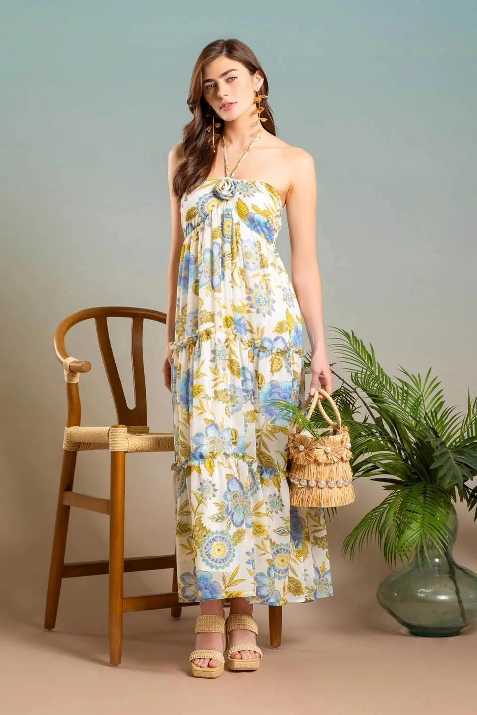 Chic Floral Rosette Halter Neck Midi Dress for Elegant Occasions