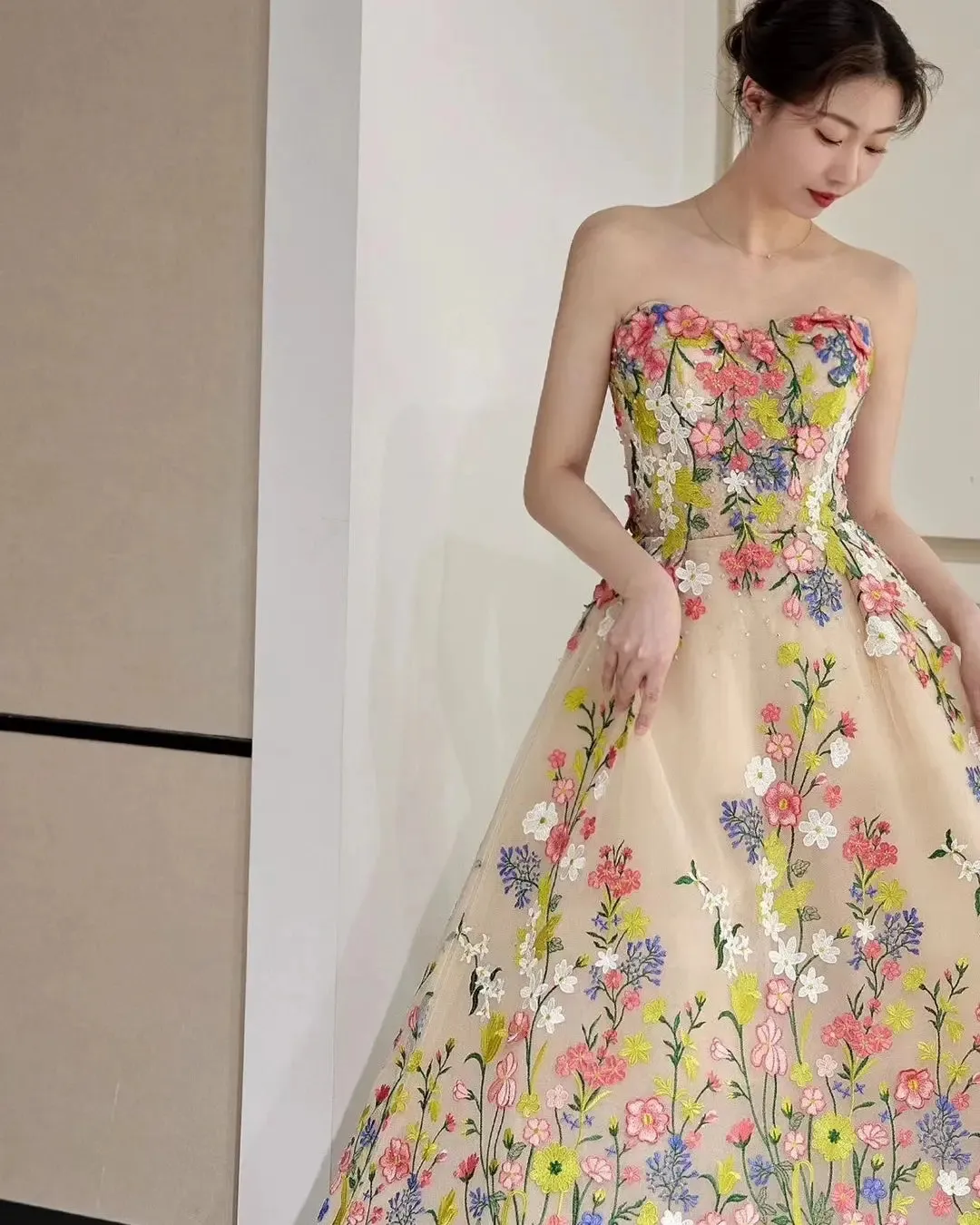 Floral Tea Length Prom Dresses, Elegant A-line Party Dresses, Newest Girl Graduation Dresses, Unique Prom Dresses, Newest Prom Dresses