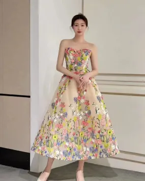 Floral Tea Length Prom Dresses, Elegant A-line Party Dresses, Newest Girl Graduation Dresses, Unique Prom Dresses, Newest Prom Dresses