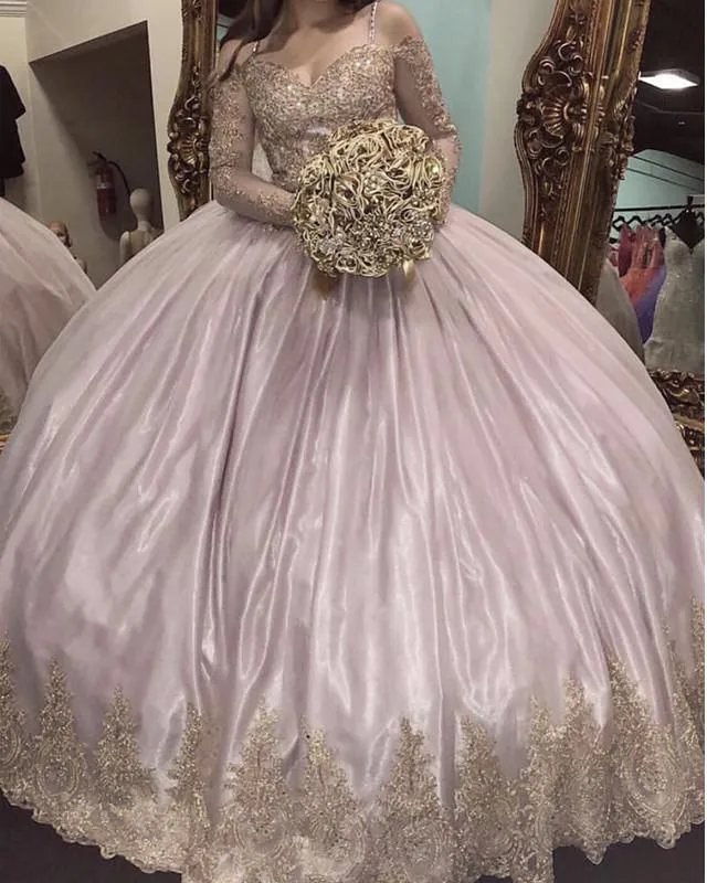 Gold Lace Appliques Long Sleeves Quinceanera Dresses Ball Gowns