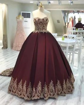 Gold Lace Edge Sweetheart Wine Red Ball Gowns Quinceanera Dresses