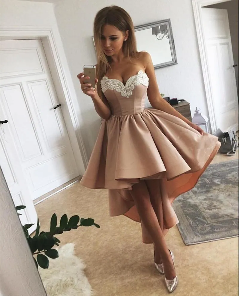 Gorgeous Lace Embroidery Sweetheart A Line High Low Prom Dresses 2018