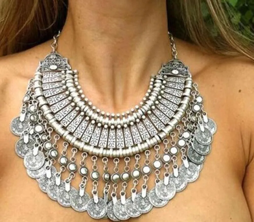 Gypsy Coin Necklace Vintage Silver Tone Adjustable Gipsy Gypset Jewelry For Free Spirited People