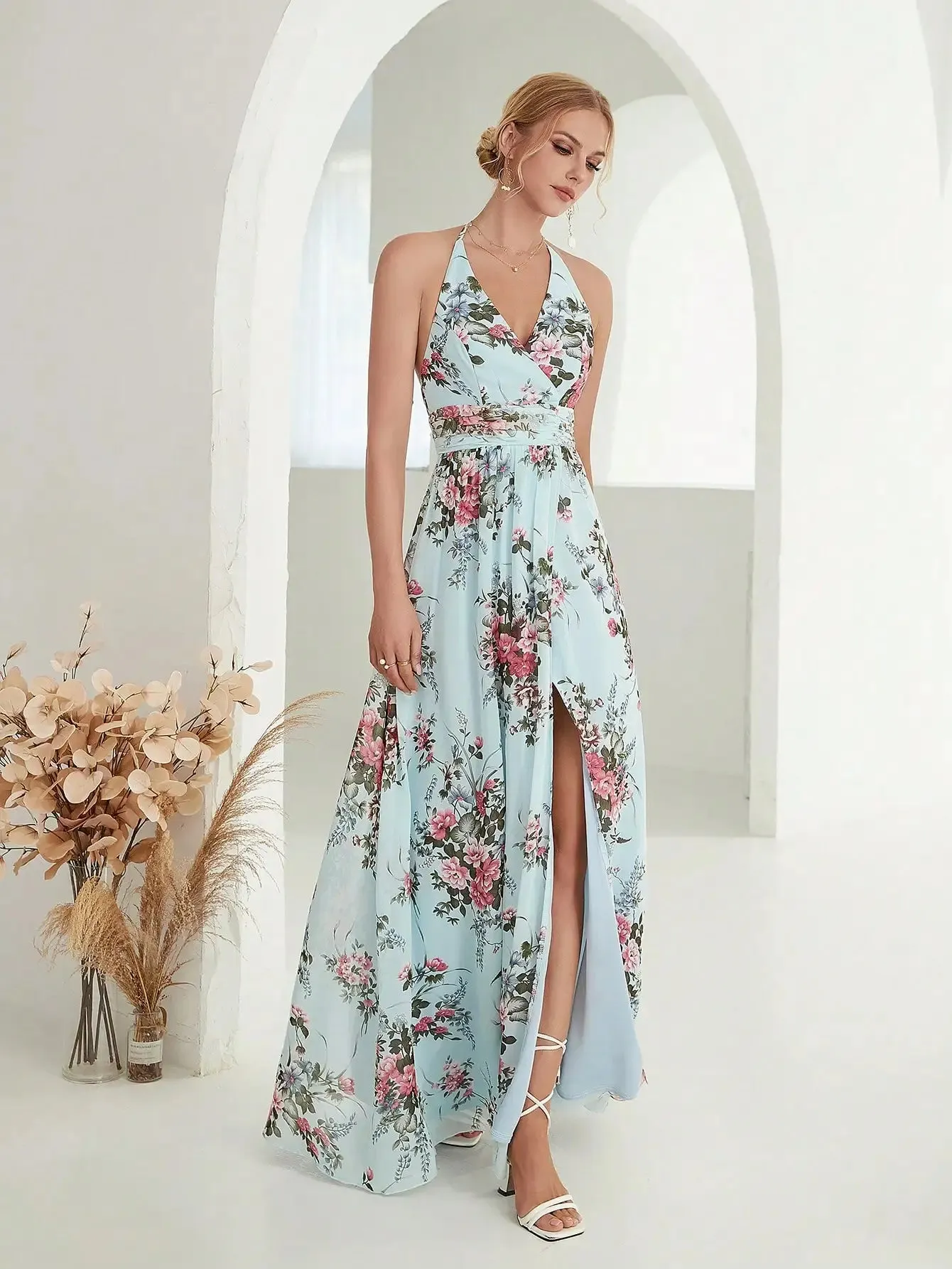 Halter Neck Floral Chiffon Split Party Maxi Dress