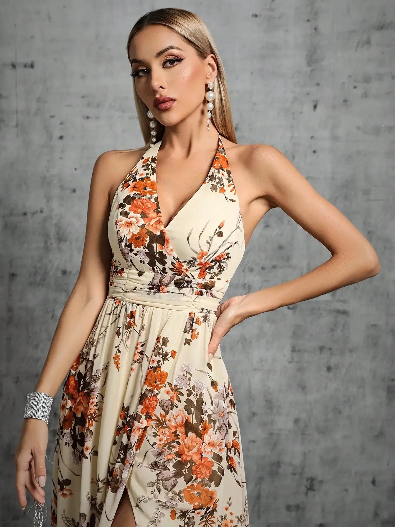 Halter Neck Floral Chiffon Split Party Maxi Dress