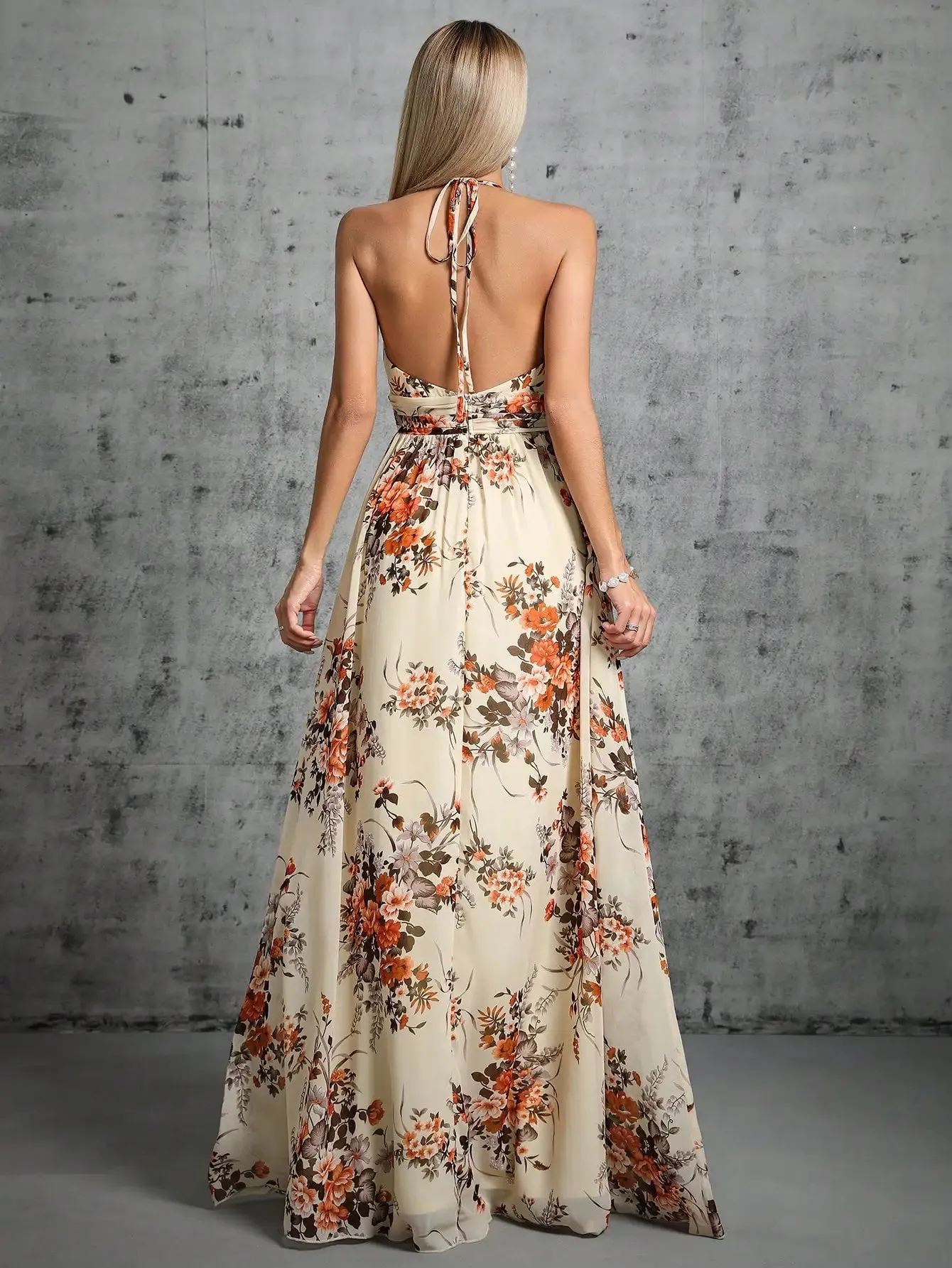 Halter Neck Floral Chiffon Split Party Maxi Dress