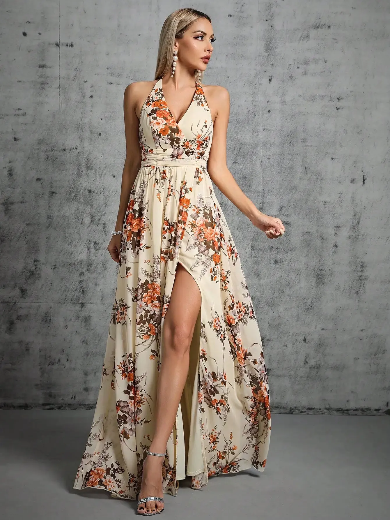 Halter Neck Floral Chiffon Split Party Maxi Dress