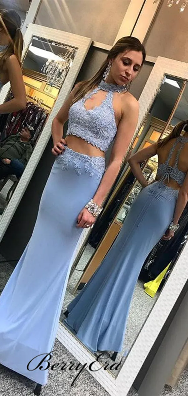 Halter Two Pieces Prom Dresses, Cheap Prom Dresses, Lace Prom Dresses