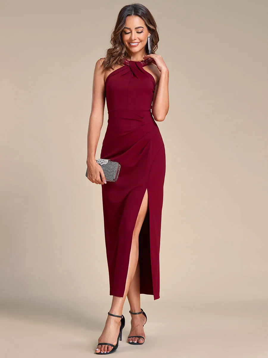 Hot Halter Neck Split Tea Length Wholesale Evening Dresses