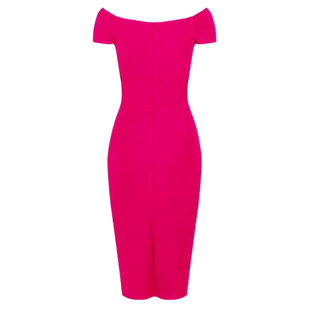 Hot Pink Cap Sleeve Crossover Top Bardot Wiggle Dress