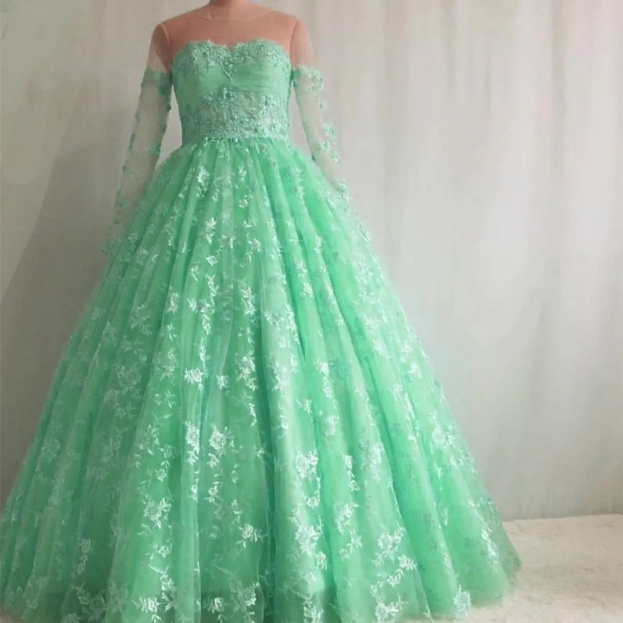 Illusion Neckline Long Sleeves Lace Ball Gowns Quinceanera Dresses 2018