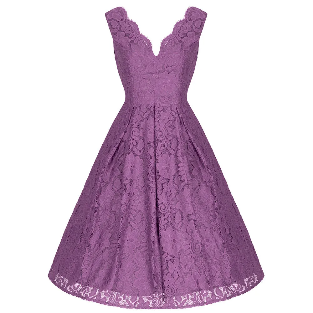 Jolie Moi Dark Mauve Purple Embroidered Lace Sleeveless V Neck 50s Swing Dress