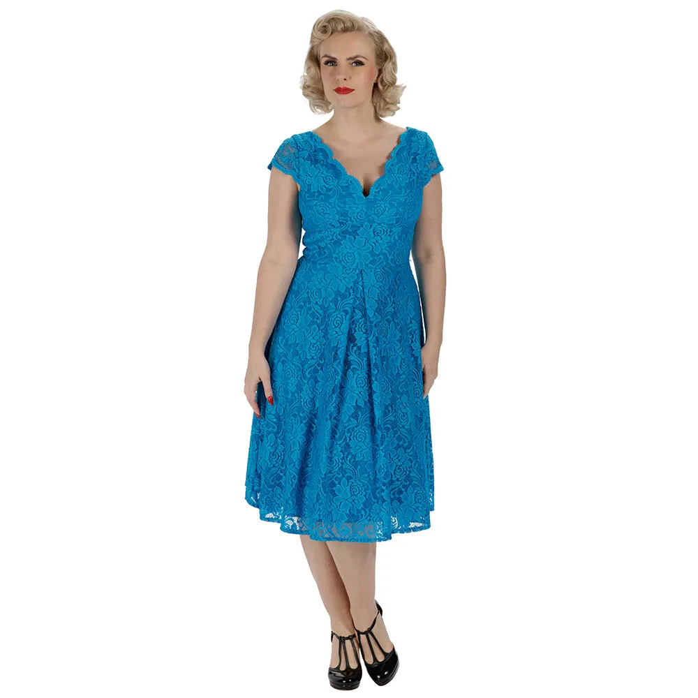 Jolie Moi Turquoise Blue Embroidered Lace V Neck Capped Sleeve 50s Swing Dress