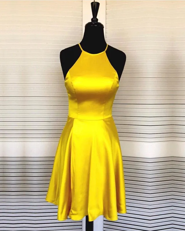 Knee Length Halter Satin Homecoming Dresses Open Back