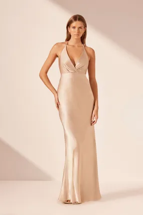 LA LUNE PLUNGED OPEN BACK HALTER MAXI DRESS - GOLD