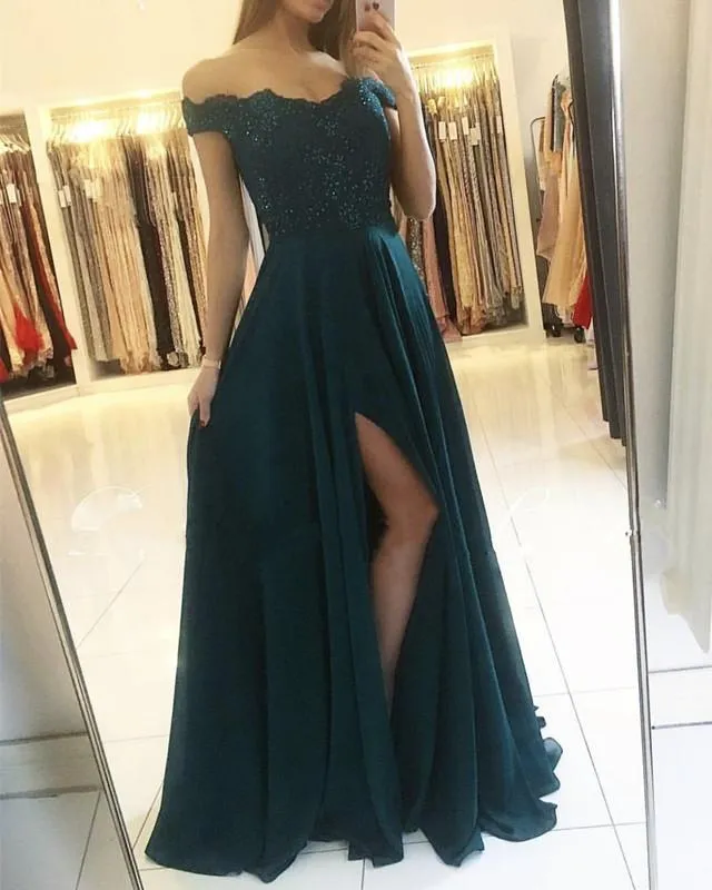 Lace Appliques Off Shoulder Long Chiffon Bridesmaid Dresses