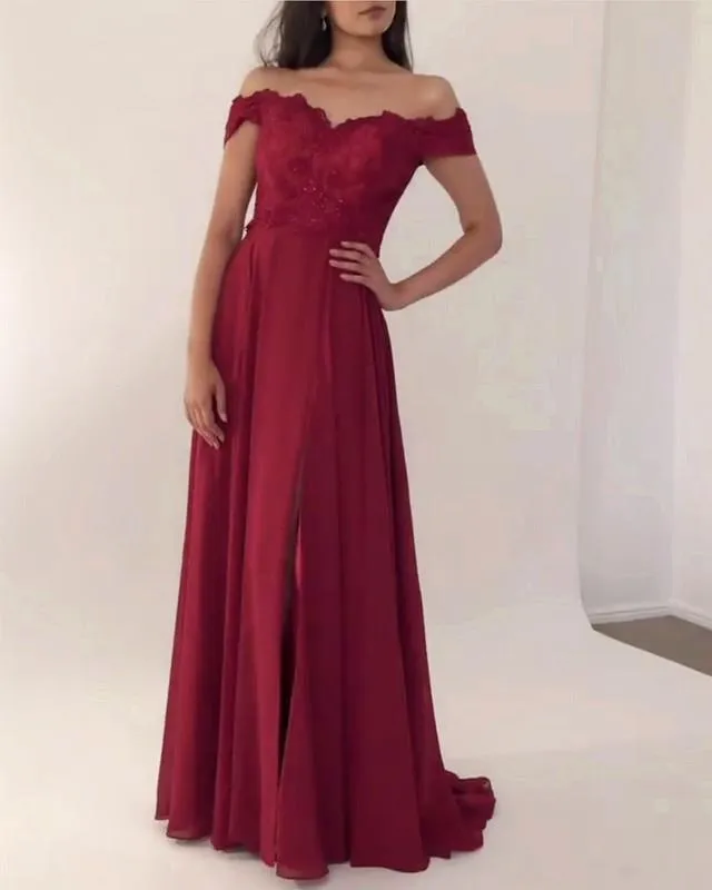 Lace Appliques Off Shoulder Long Chiffon Bridesmaid Dresses