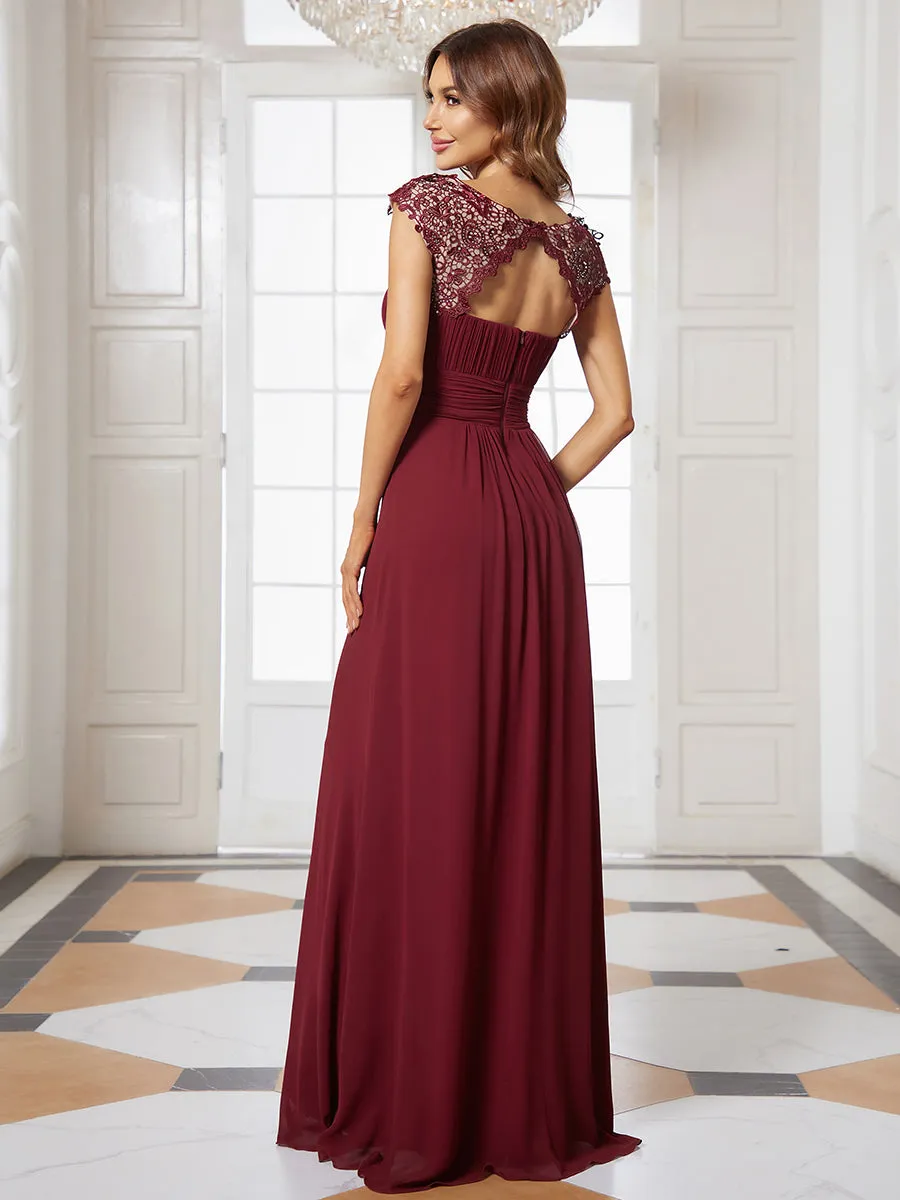 Lacey Neckline Open Back Ruched Bust Wholesale Chiffon Evening Dresses