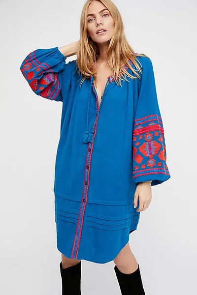 Lantern Sleeve Embroidered Dress In 6 Different Colors You Choose Button Front Shirt Dress Tassel Ties Wear It As A Duster Or Kimono Too Available In Small Medium Large Or Extra Large XL