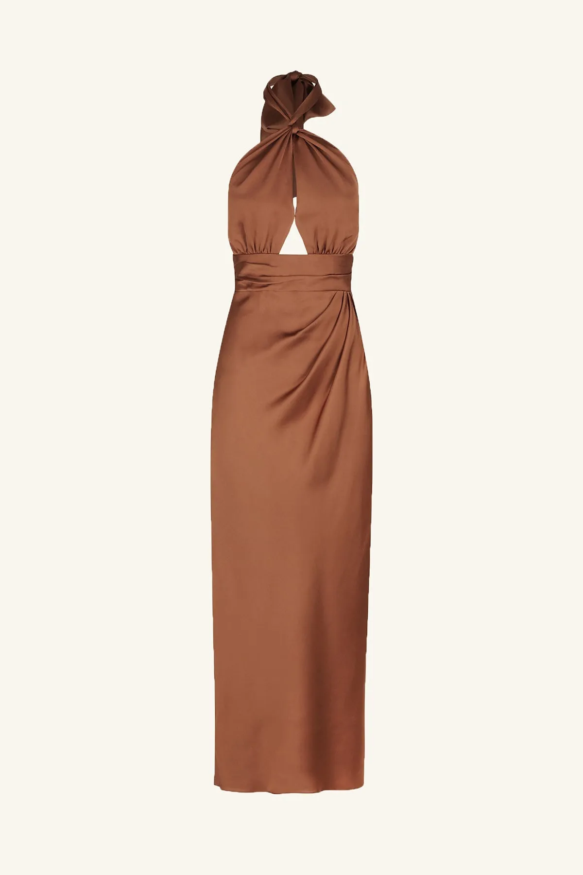 LUXE GATHERED HALTER MIDI DRESS - MOCHA