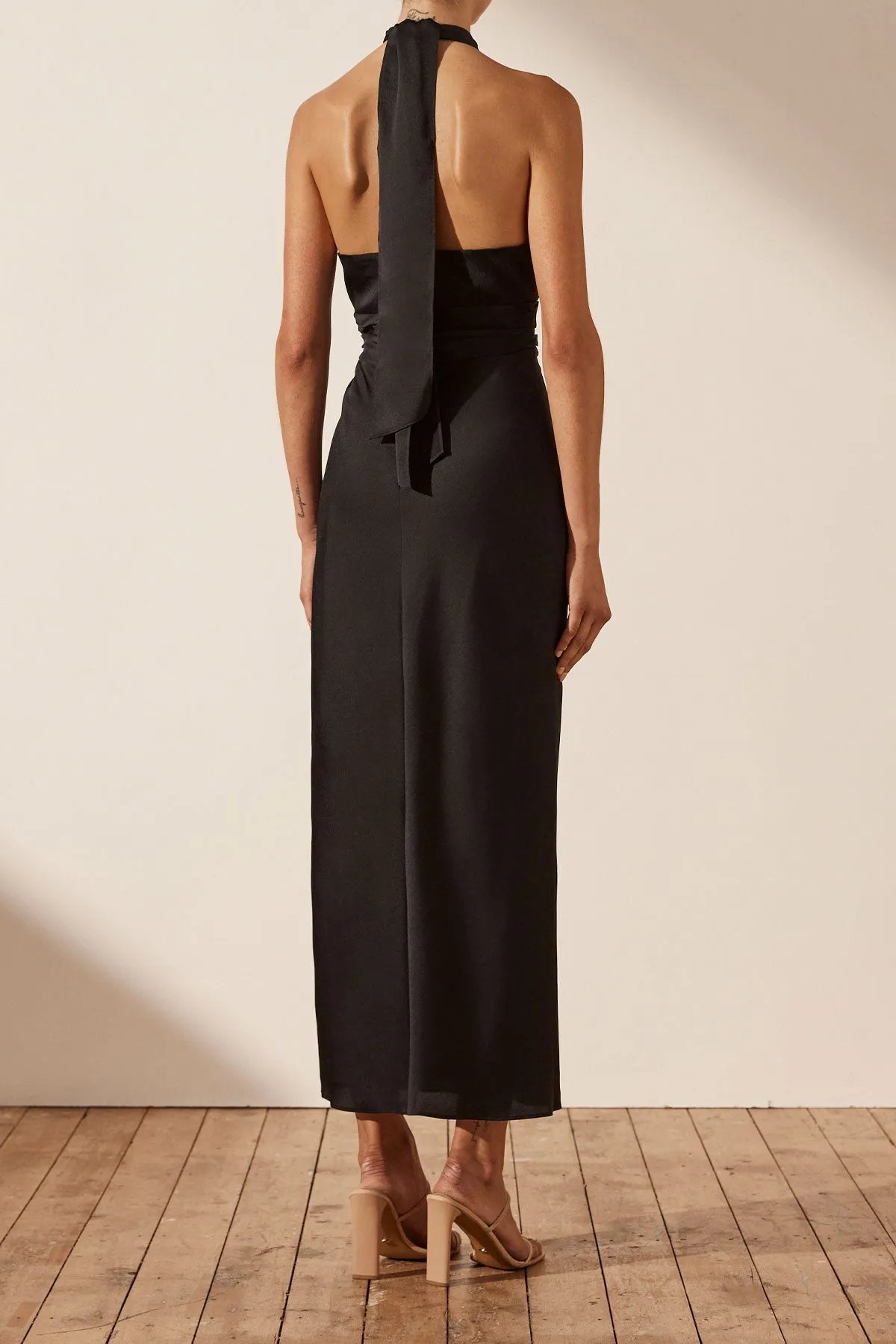 LUXE GATHERED HALTER MIDI DRESS - ONYX