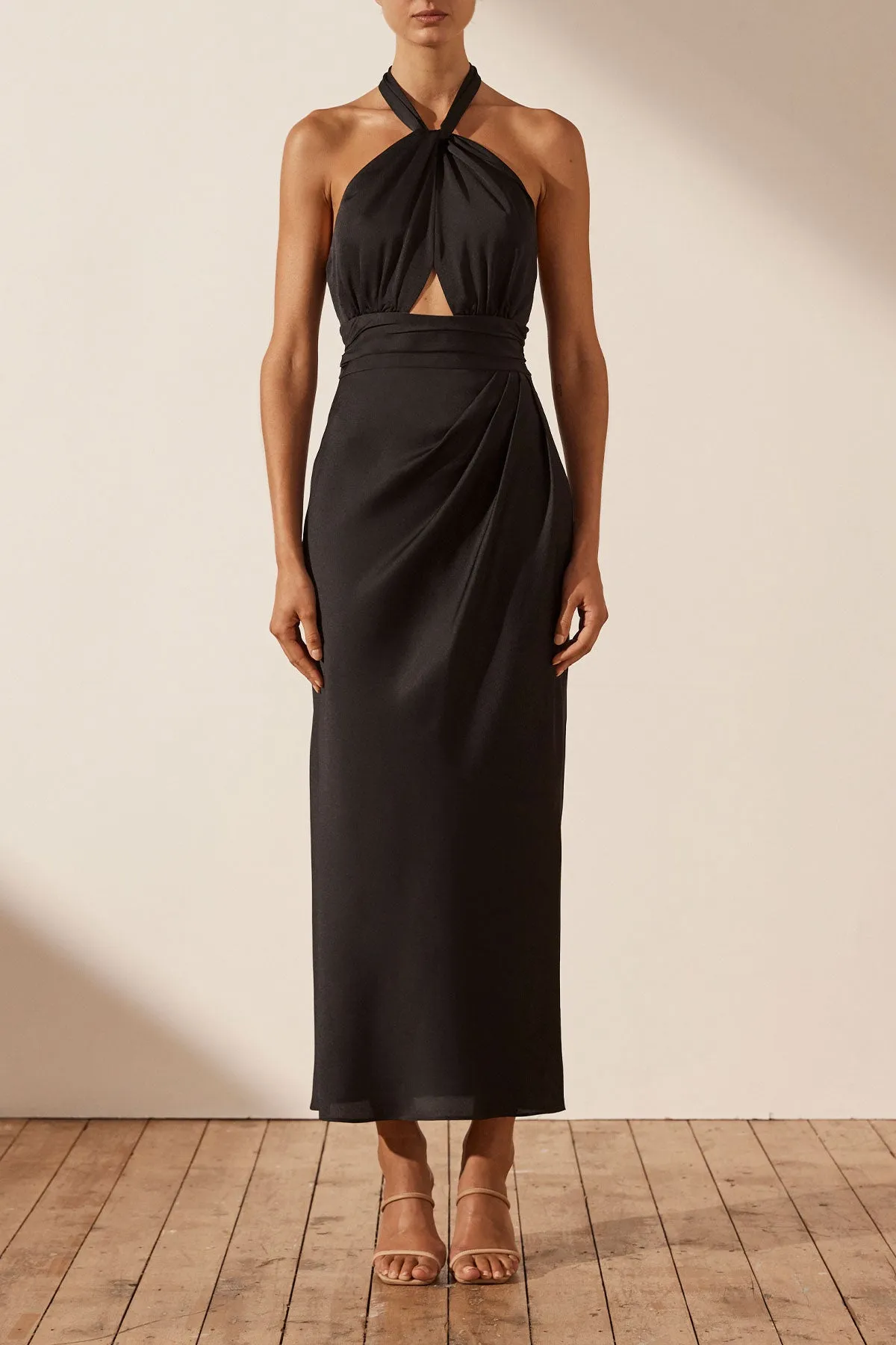 LUXE GATHERED HALTER MIDI DRESS - ONYX