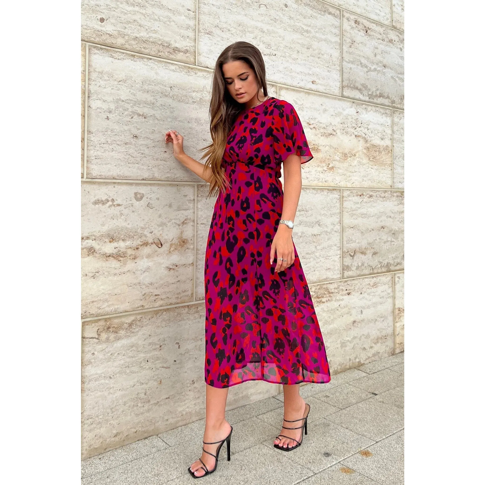 Magenta, Orange & Black Animal Print Chiffon Midi Dress