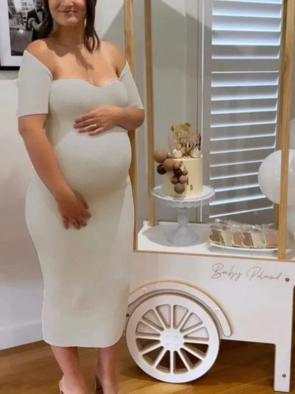 Momnfancy Chic Elegant Beige Bodycon Striped Boat Neck Party Babyshower Maternity Maxi Dress