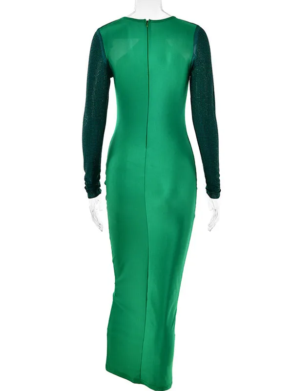 Momnfancy Elegant Green Rhinestones Sparkly Cutout Hit Color Patchwork Bodycon Party Babyshower Maternity Maxi Dress