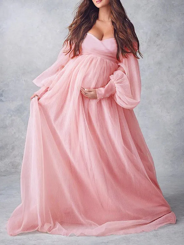 Momnfancy Off Shoulder Puff Sleeve Tulle Tutu Babyshower Evening Maternity Maxi Dress