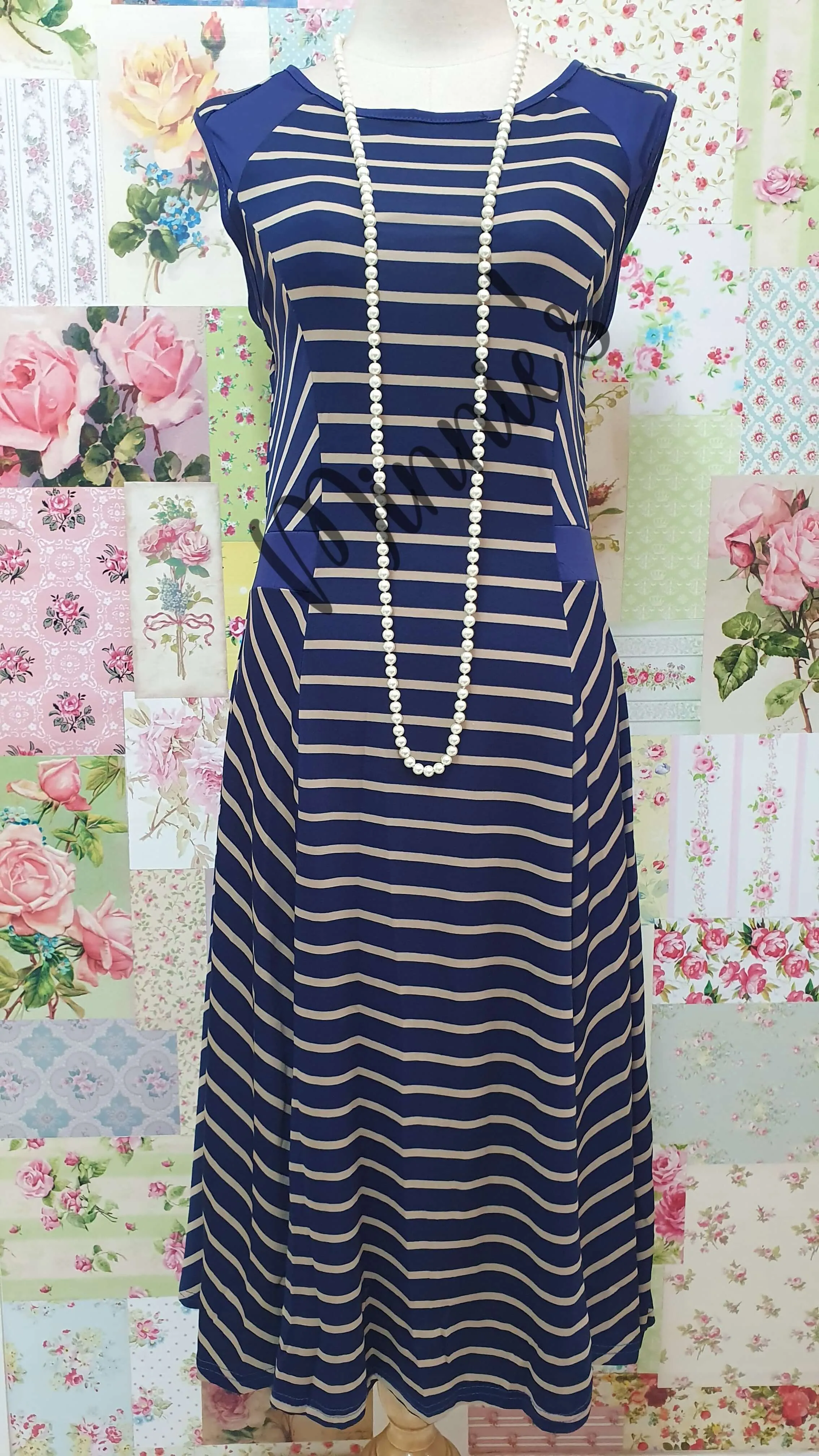 Navy & Stone Stripe Dress BU0190