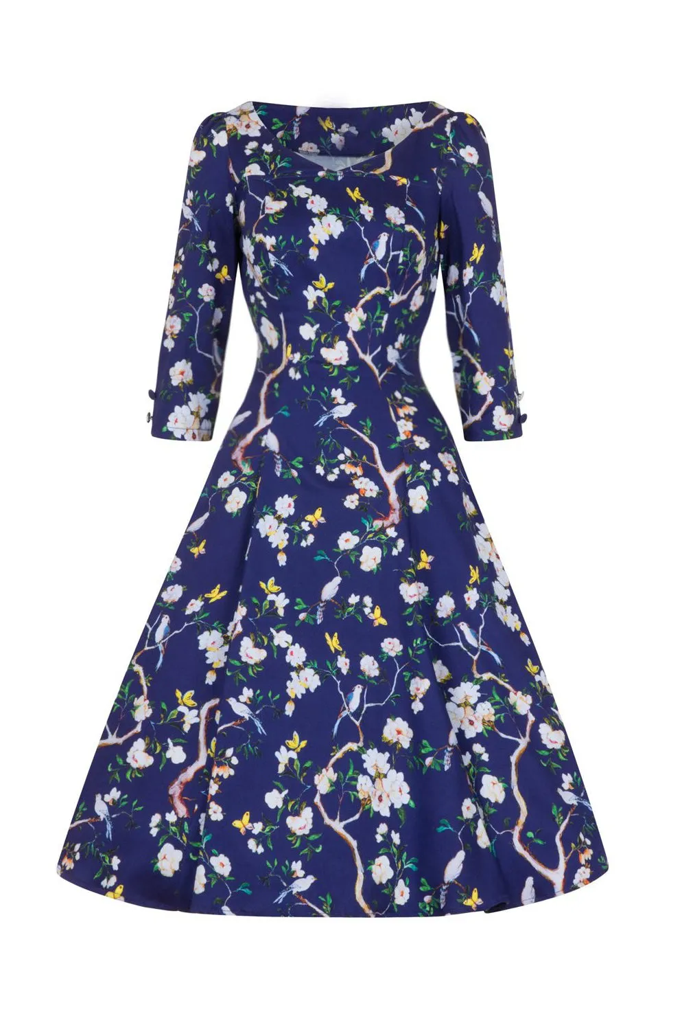 Navy Blue Bird and Floral Print 3/4 Sleeve 50s Swing Dress