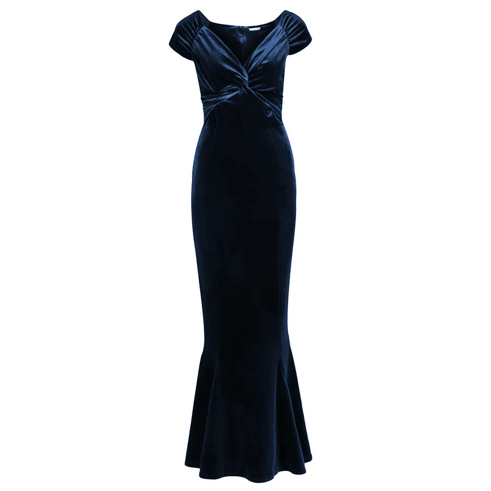 Navy Blue Cap Sleeve Twist Bust Fishtail Hem Velour Maxi Dress