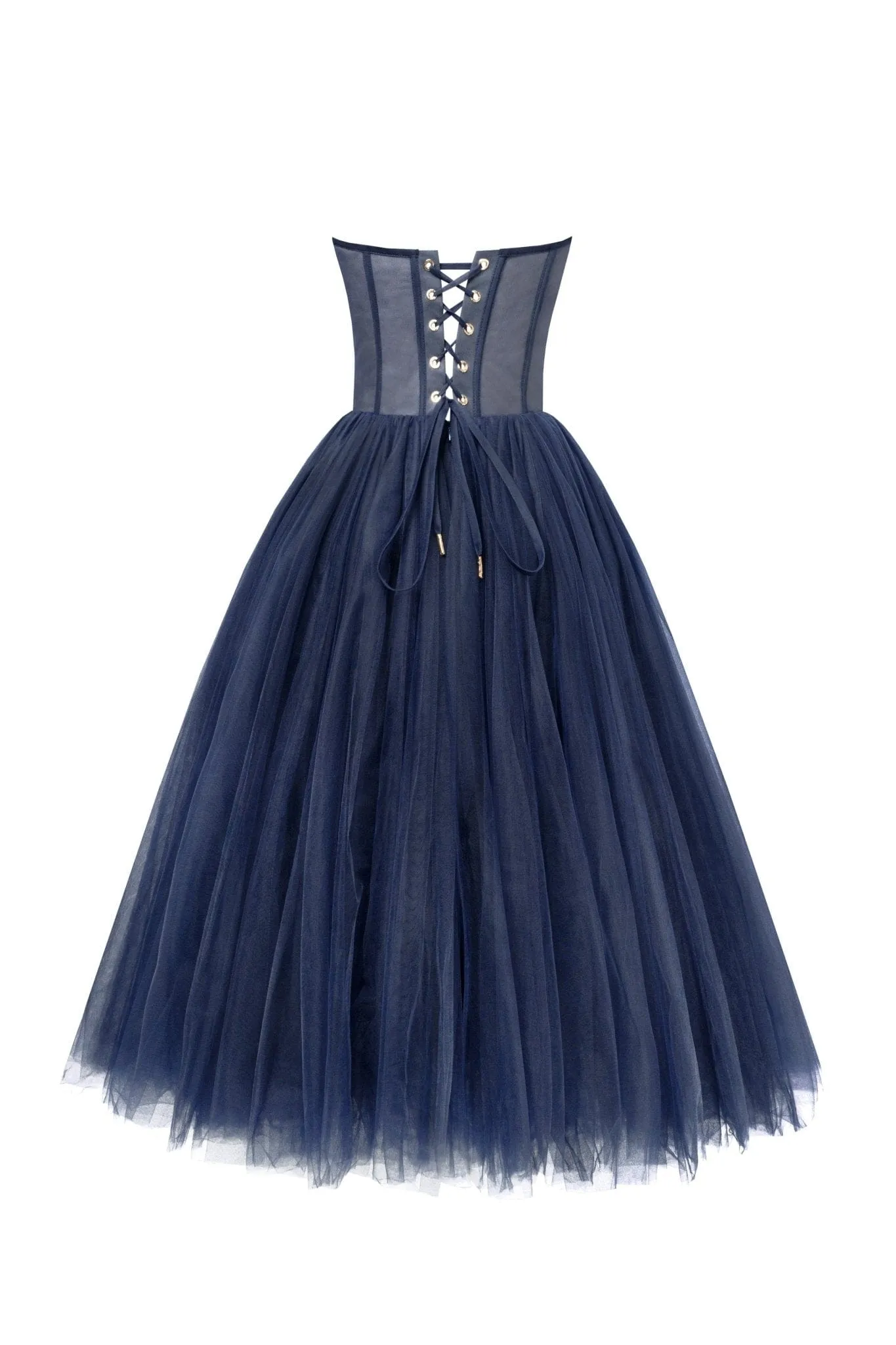 Navy Strapless Puffy Midi Tulle Dress