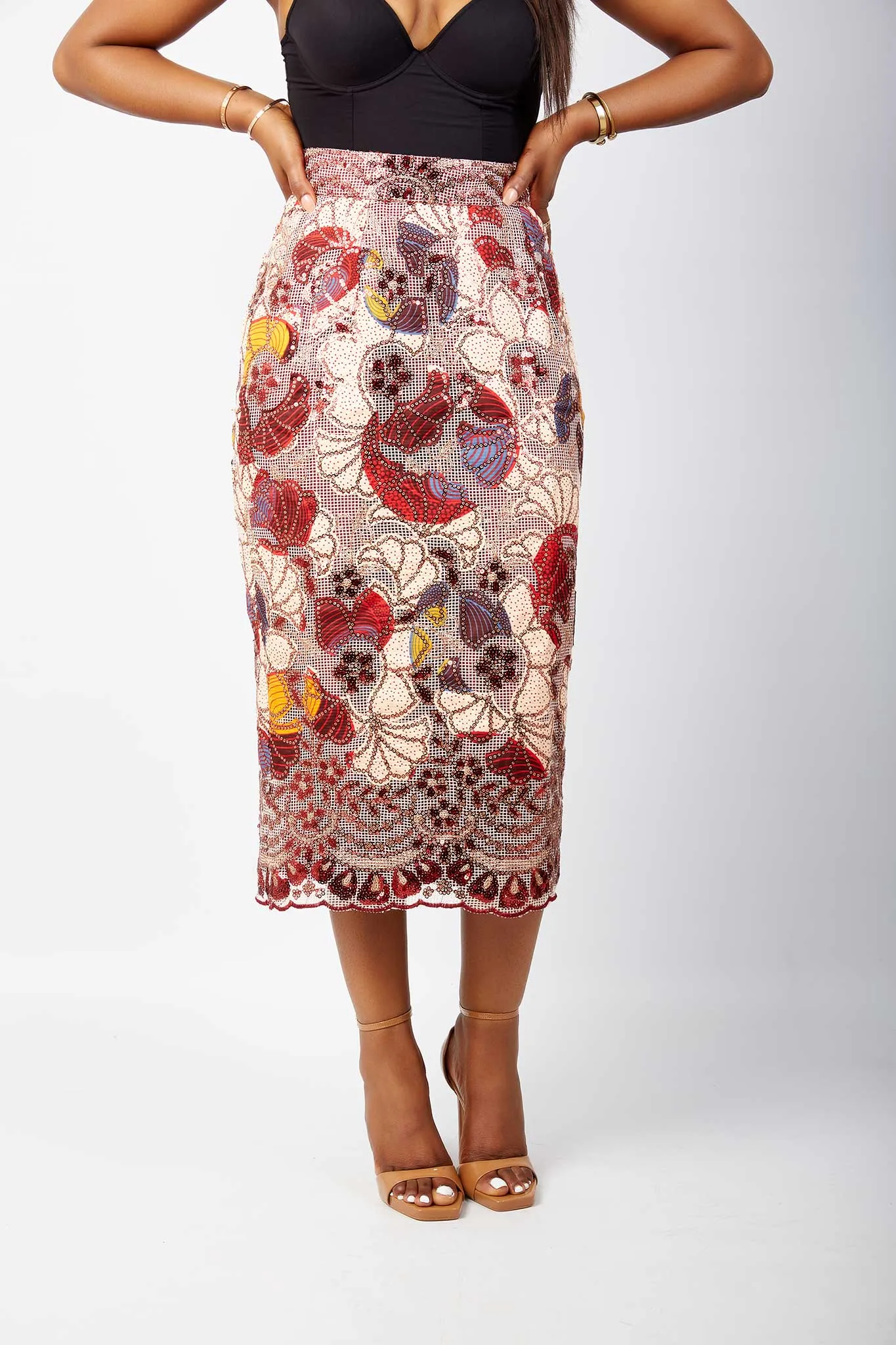 New in African Print Cut Out Net Lace Sequin Midi Skirt- Arese