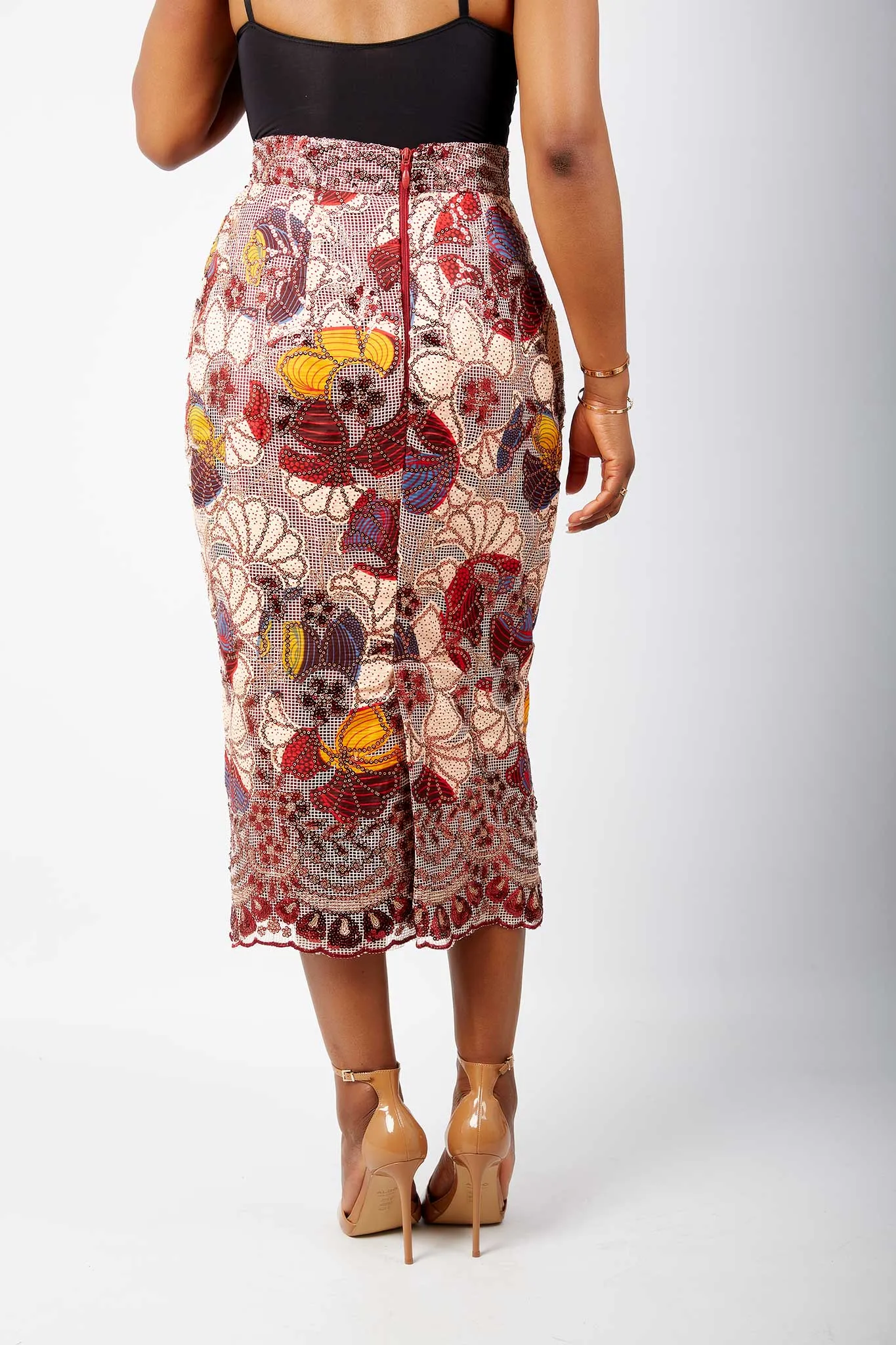 New in African Print Cut Out Net Lace Sequin Midi Skirt- Arese