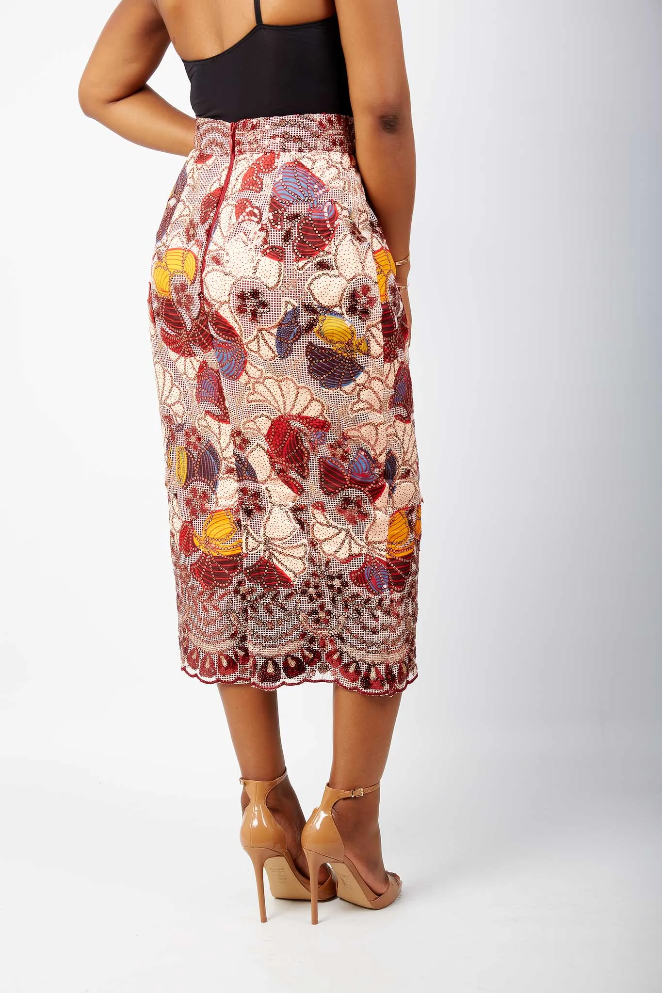 New in African Print Cut Out Net Lace Sequin Midi Skirt- Arese