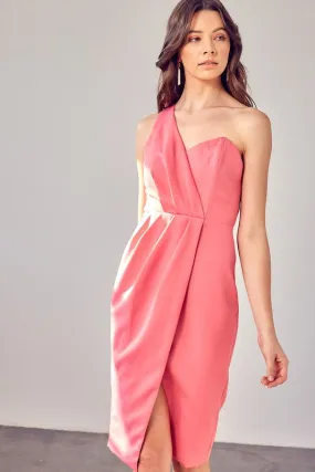 One Shoulder Pink Midi Dress