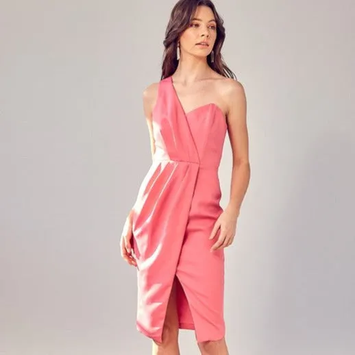 One Shoulder Pink Midi Dress