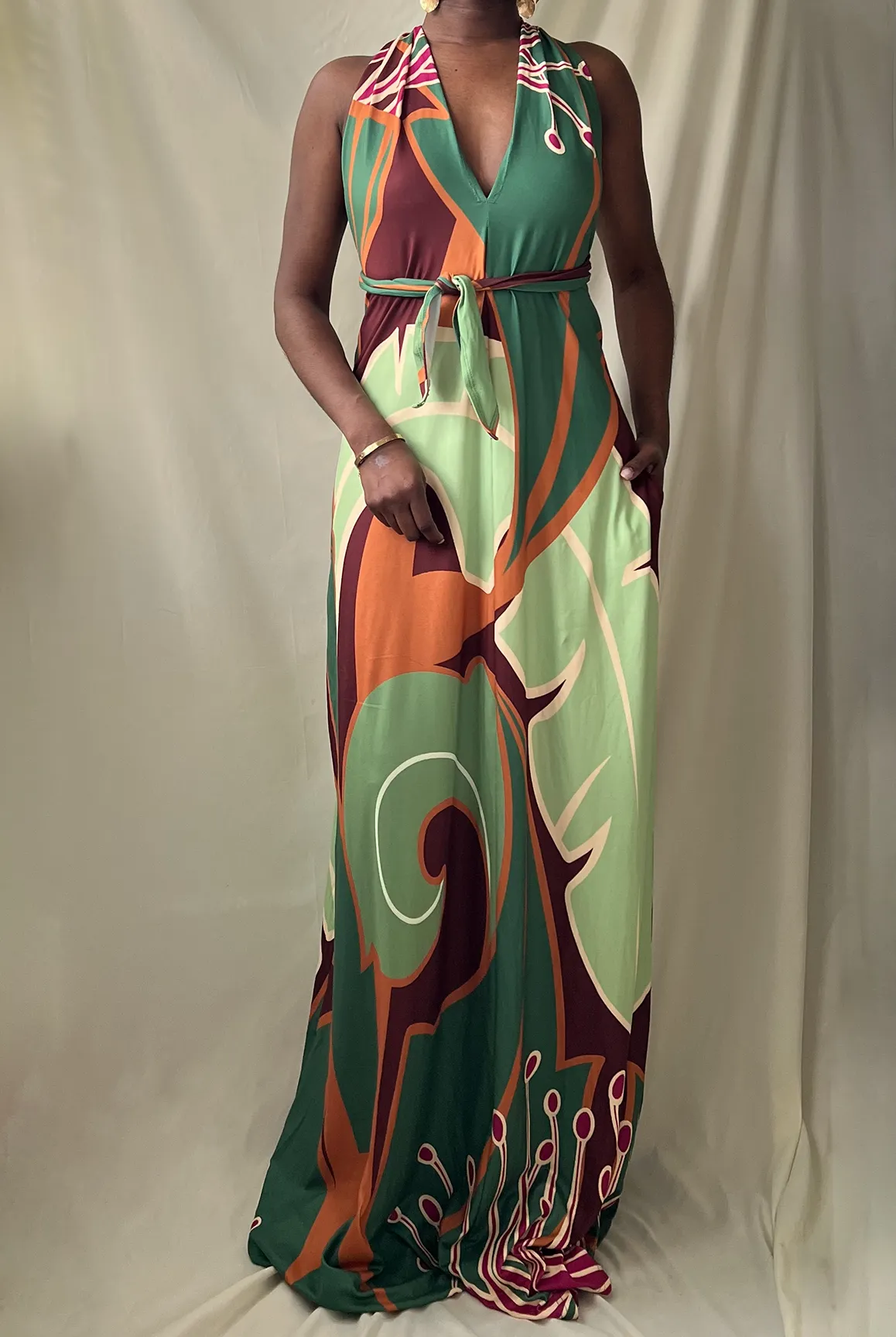 Palm Print Halter Maxi Dress