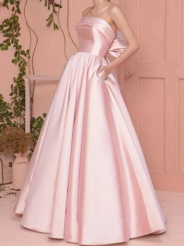 Pink Satin Strapless Pockets Back Bow Evening Formal Dress