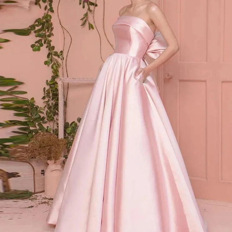 Pink Satin Strapless Pockets Back Bow Evening Formal Dress