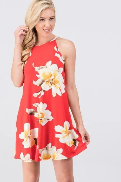 Red Floral Halter Neck Dress