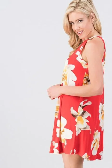 Red Floral Halter Neck Dress