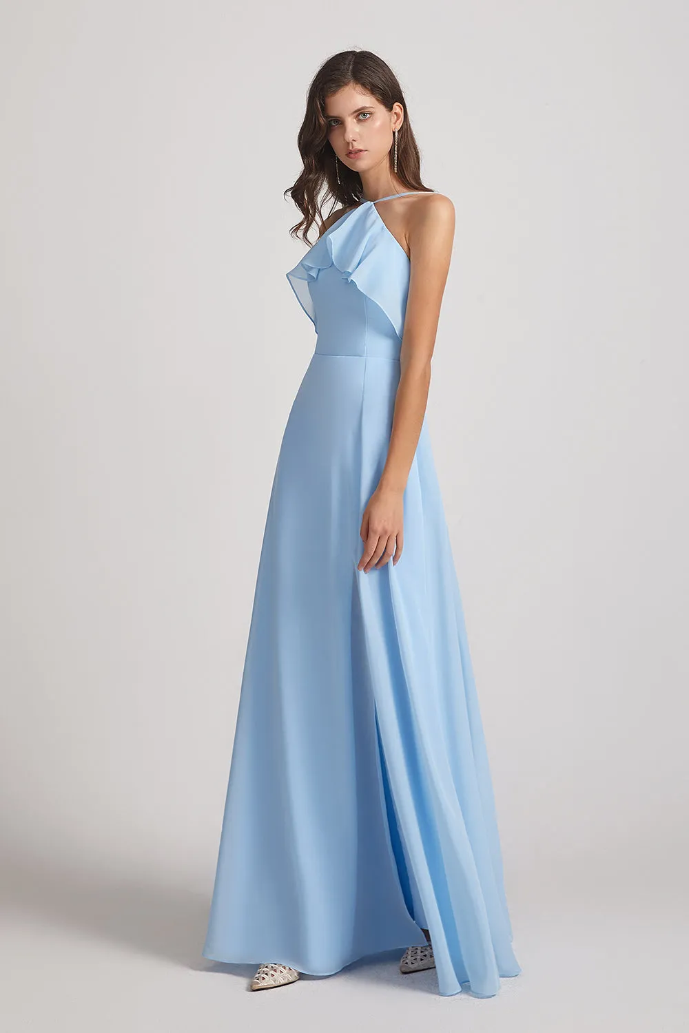 Ruffled Halter Neckline A-Line Skirt Slit Bridesmaid Dresses (AF0016)