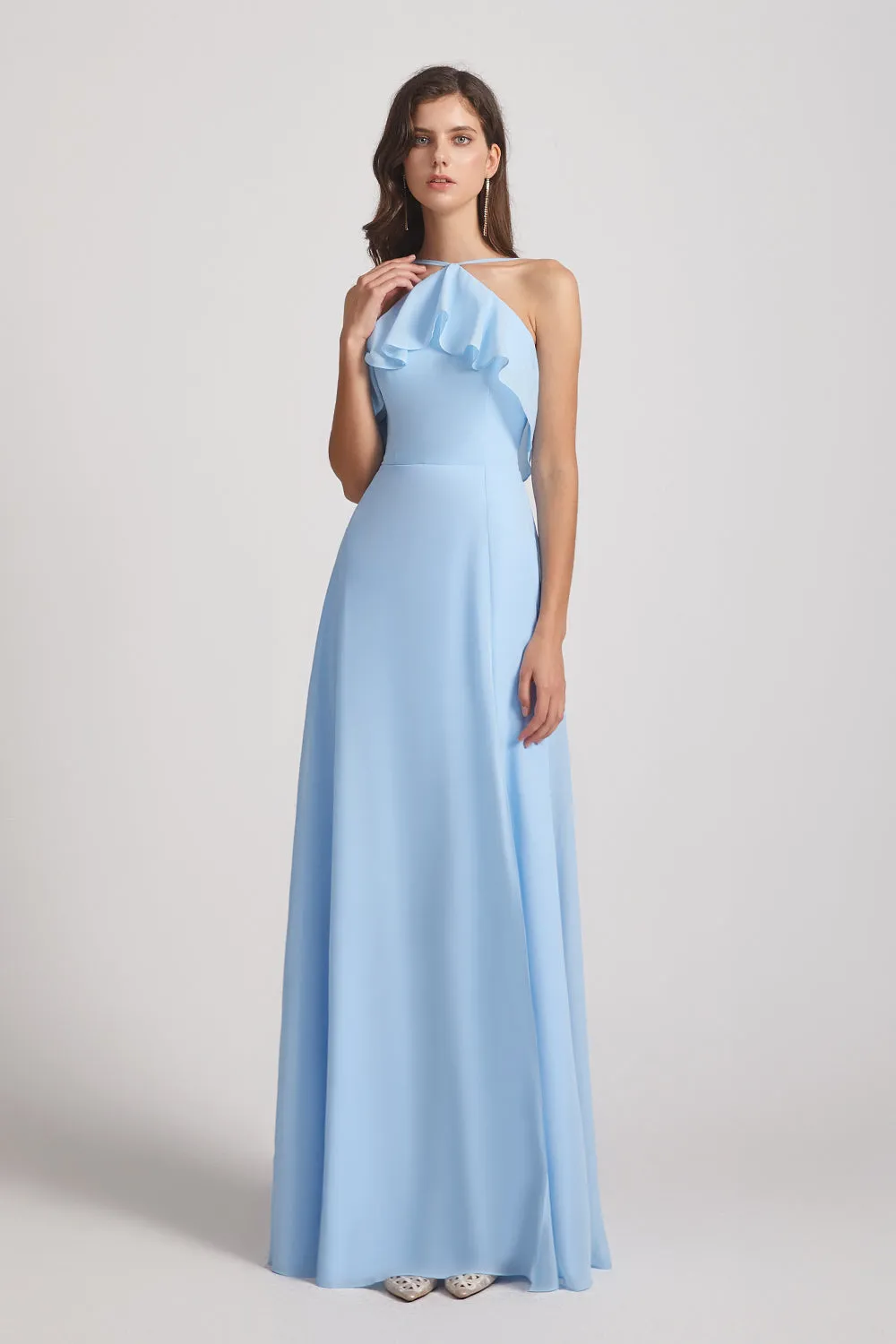 Ruffled Halter Neckline A-Line Skirt Slit Bridesmaid Dresses (AF0016)