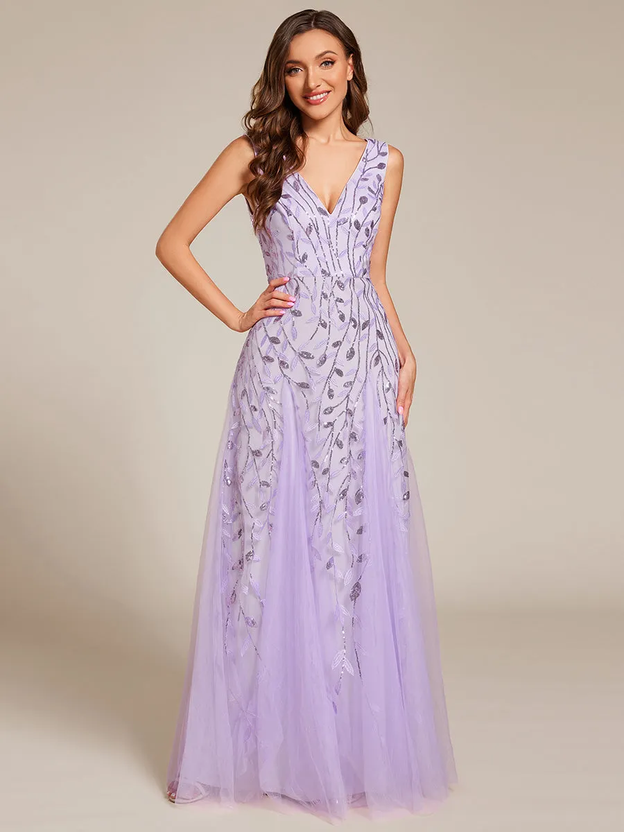 Shiny V-Neck Sequin Sleeveless Evening Dress with Tulle