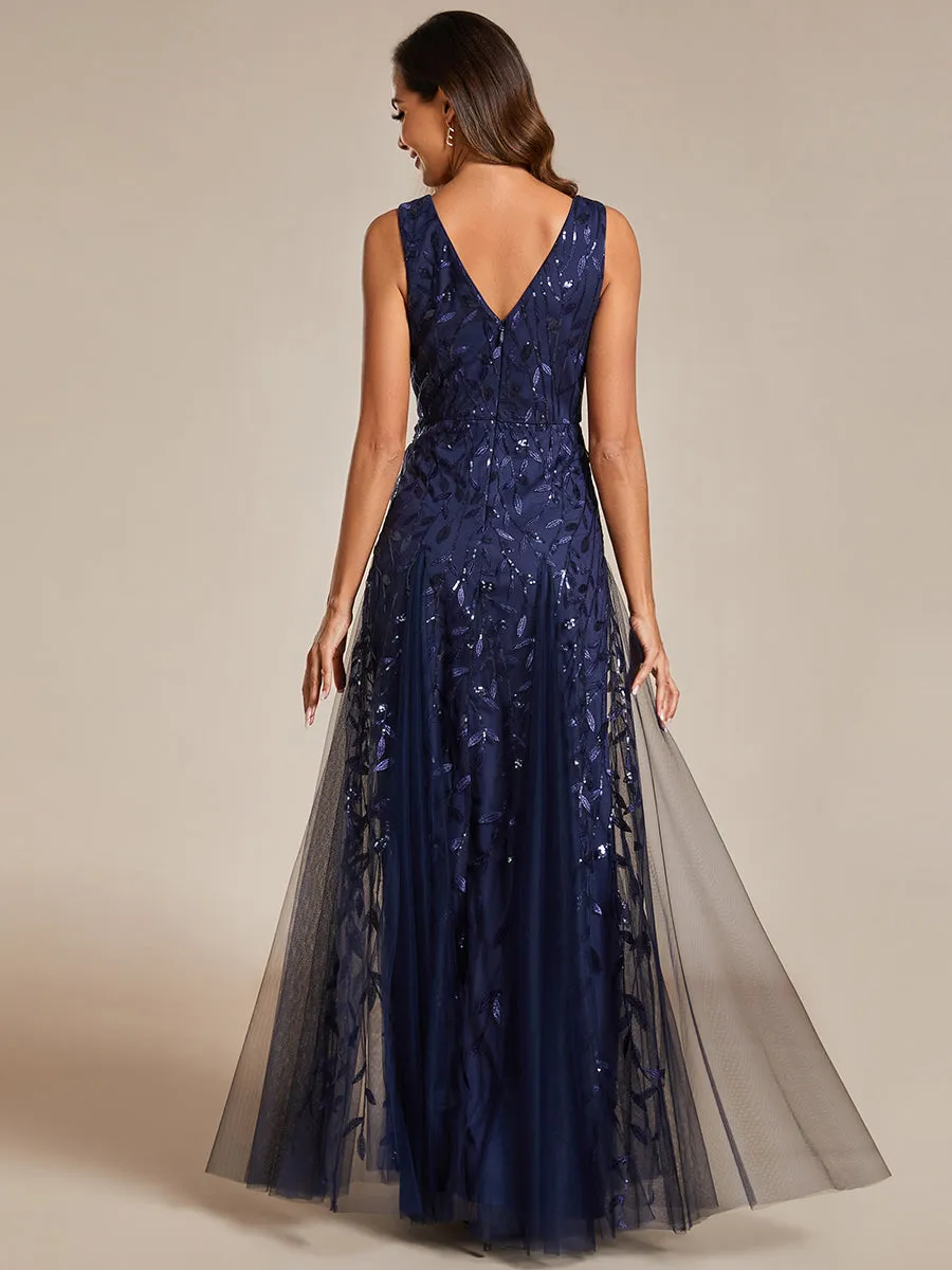 Shiny V-Neck Sequin Sleeveless Evening Dress with Tulle